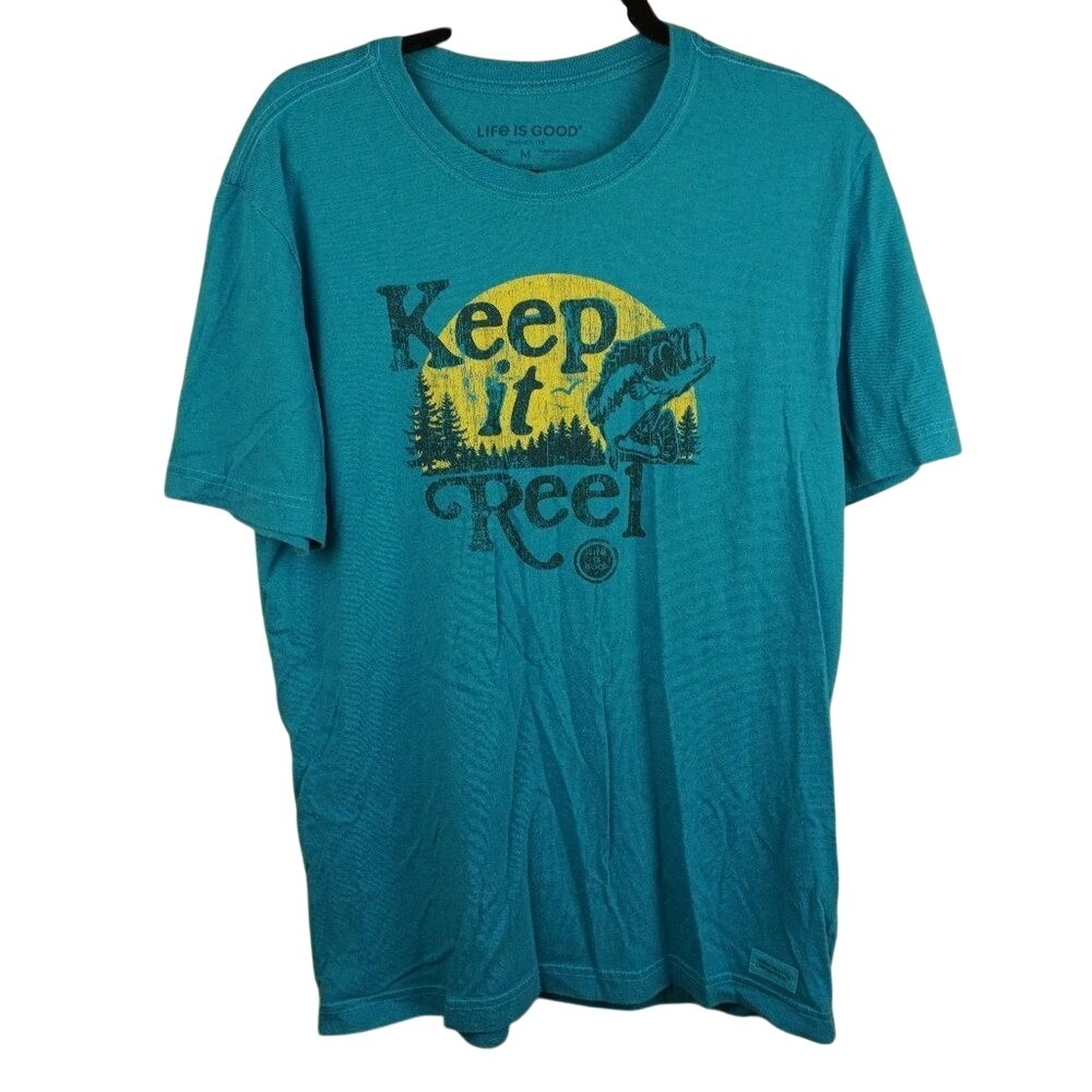 Life is Good Teal Keep It Reel Fishing Crusher T-Shirt Size Medium